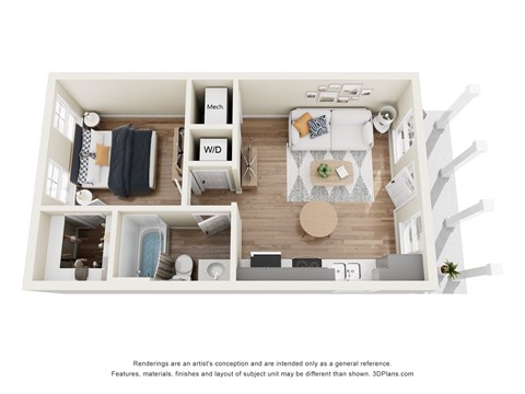 Floor plan for 1 bed, 1 bath, 510 sqft